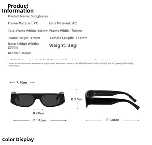 Tableau des tailles détaillé pour lunettes de soleil carrées avec dimensions et matériaux