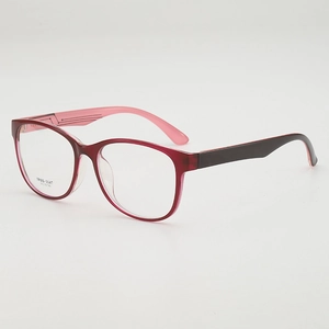 Stylish round-frame TR90 glasses in burgundy and black shown from a 45-degree angle