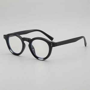 Classic black round frame glasses with silver accents shown from a 45-degree angle