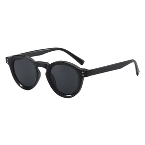 Retro black round frame sunglasses with dark grey lenses and silver rivet accents
