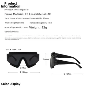 Detailed size chart of oversized cycling sunglasses showing frame dimensions and materials