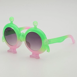 Creative alien shape kids sunglasses in green pink gradient with dark purple round lenses