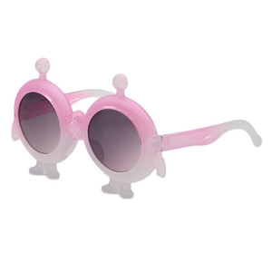 Pink and white gradient alien-shaped cartoon sunglasses for children on white background