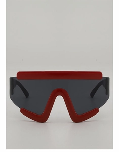 Detailed front view of bright red futuristic oversized wrap-around cycling sunglasses