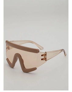 Detail of oversized futuristic oversized sports sunglasses with translucent brown shield lens