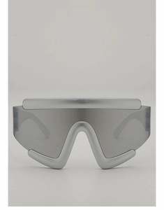 Front view of silver futuristic wrap around sunglasses with large gray lenses