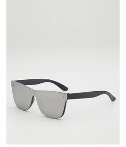 Detail view of colorful rimless kids sunglasses with silver mirror lens and black temples