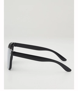 Side view of kid's rimless sunglasses with thick black temples and silver mirror lenses