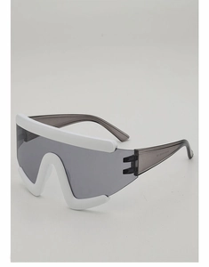 Detailed side view of white frame sports sunglasses with gray translucent lenses