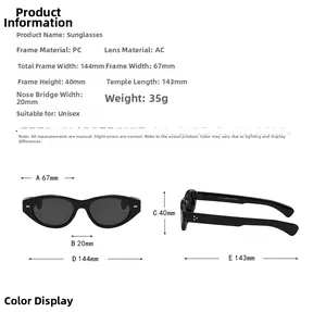 Detailed size chart for retro cat-eye sunglasses with precise frame measurements