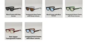 Collage of cat eye sunglasses in leopard, green, and red frames with colorful ocean lenses
