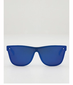 Detail of flat top frameless kids sunglasses with blue mirror lens and silver studs