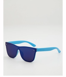 Close-up of frameless blue shield sunglasses for kids featuring stylish silver rivets