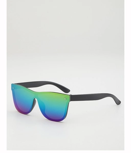 Detail of shield sunglasses with gradient iridescent lenses and black frame design
