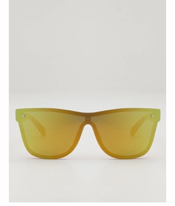 Detail view of yellow translucent frames with gold mirrored lenses and metal rivets