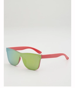 Detail of red frameless shield sunglasses with green mirrored lens and wrap design