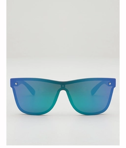 Detail of rimless shield sunglasses with blue gradient mirrored lenses and silver rivets