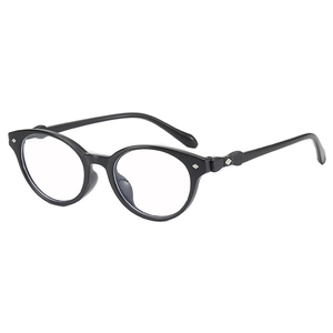 Minimalist black oval sunglasses with silver diamond rivet details in a 45-degree view