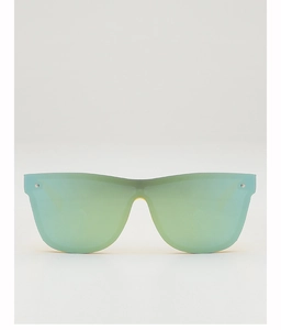 Detail of rimless shield sunglasses with green mirrored lenses and metal rivets