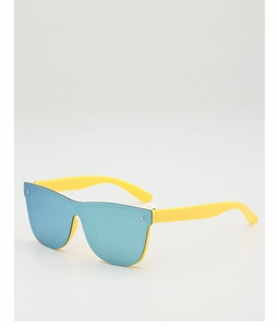 Close-up of frameless kids sunglasses with yellow temples and reflective blue mirror lens