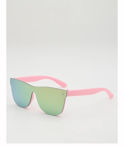 Detail of rimless kids sunglasses with gradient green lenses and pink temples