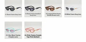 Detailed catalog of cat eye sunglasses showing six color variants and metal hinges