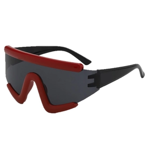 Futuristic large frame sports sunglasses with red rim and dark lens for outdoor cycling