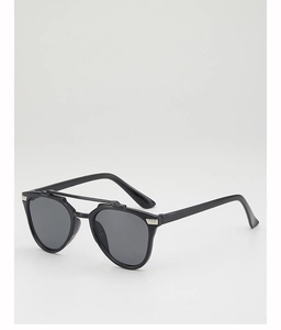 Close-up of stylish black double-bridge kids sunglasses with silver metal accents