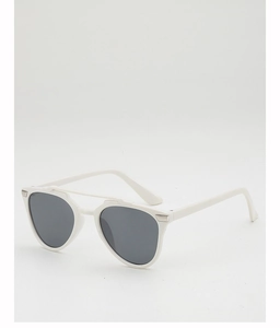 Detail of kids white retro sunglasses featuring double bridge and metallic side accents