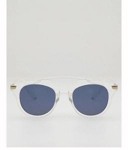 Close-up of trendy round transparent sunglasses for kids with blue-purple lenses