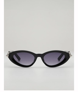 Detail of silver metal hinge on black cat eye sunglasses with purple gradient lenses