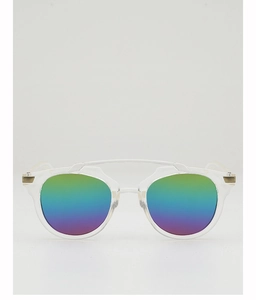 Detail of transparent aviator kids sunglasses with iridescent reflective lenses and gold hinges