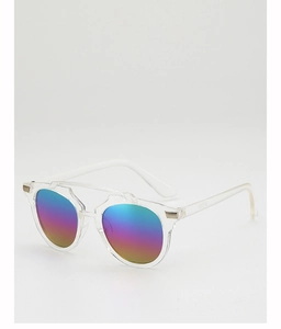 Macro shot of colorful rainbow reflective lenses and transparent frame for kids sunglasses