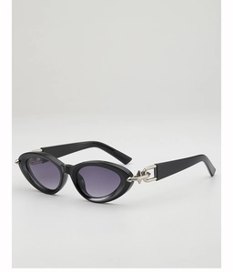 Detail of black oval sunglasses with purple gradient lenses and silver metal chain links