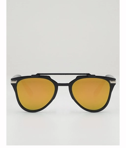 Close-up of children's sunglasses with black frame and orange mirrored lenses