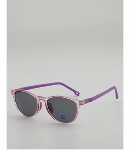 Détail de lunettes de soleil rondes pour enfants avec monture rose et branches violettes