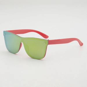Kids rimless shield sunglasses with red frames and green gradient mirrored lenses