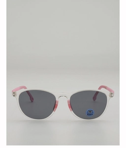 Détail de lunettes de soleil roses pour enfants avec verres gris UV et monture transparente