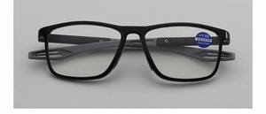 Close-up of +1.50 reading glasses with blue light filter and anti-slip silicone temples