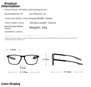 Detailed dimension guide for vintage square frame blue light blocking reading glasses