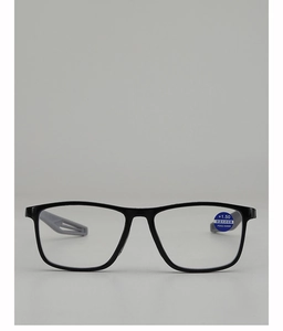 Front view of black square reading glasses with +1.50 anti-blue light lens and non-slip temple