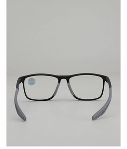 Detail view of square black frame reading glasses with +1.50 blue light blocking lenses