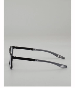 Detail of lightweight square reading glasses featuring black and grey non-slip temple design