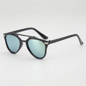 Retro pilot style children's sunglasses with black frames and light blue mirrored lenses
