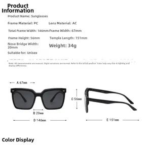 Detailed size specifications for square frame sunglasses with frame and lens measurements