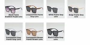 Detail view of large square frame sunglasses in seven stylish color combinations