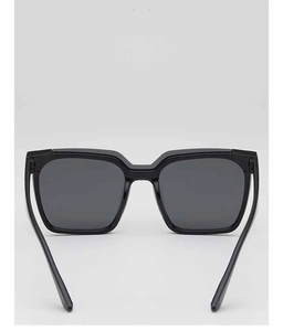 Detailed front view of square black sunglasses with polished frames and dark gray lenses