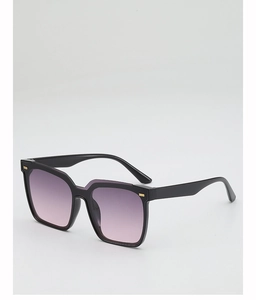 Detail of square black sunglasses with purple gradient lenses and gold accents