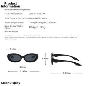 Detailed size chart showing 145mm width and dimensions for retro oval sunglasses