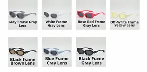 Detailed grid view of trendy small oval sunglasses in seven colorful SKU frame options
